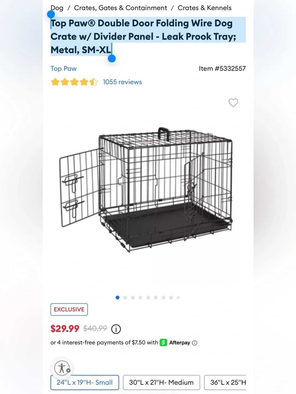 Top Paw® Double Door Folding Wire Dog Crate w/ Divider Panel - Leak Prook Tray;